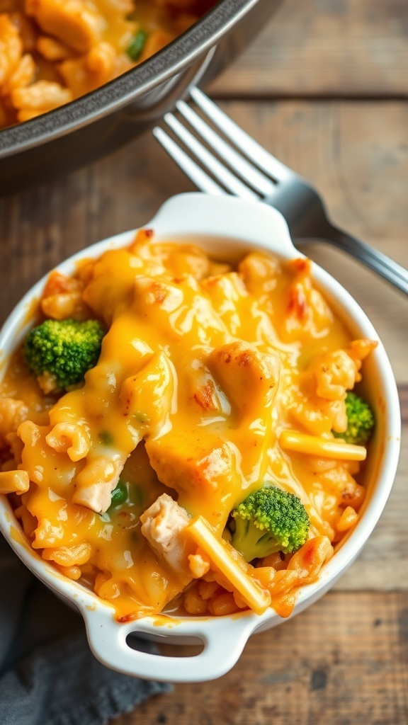 Cheesy chicken and rice casserole with broccoli in a baking dish, served on a wooden table.